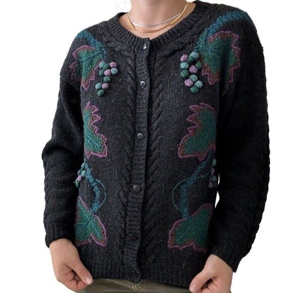 Vintage 1980s Boston Traders Black Wool Chunky Floral Embroidered Cardigan Sz M - Picture 4 of 8